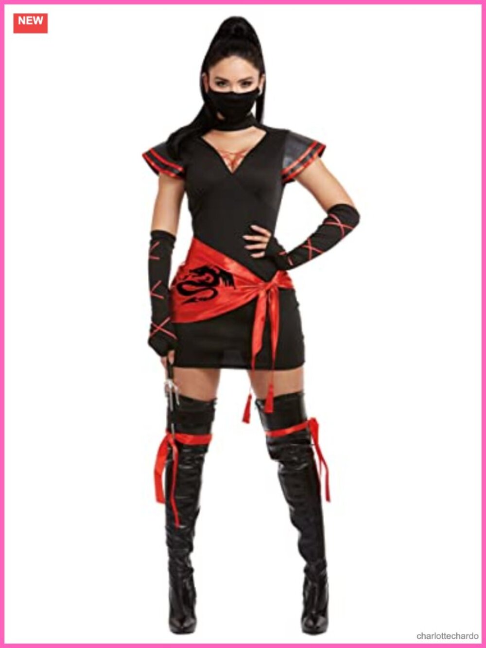 Sexy Ninja Halloween Costume 7-Piece Faux-Leather Dress Fancy Dress